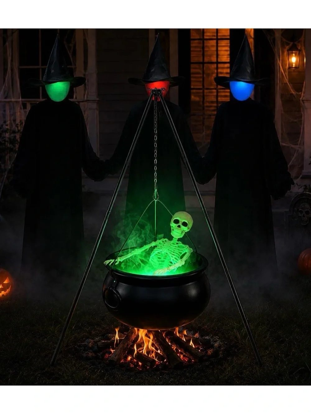 Halloween Hanging Cauldron with Green Glowing Skeleton - Party Decor